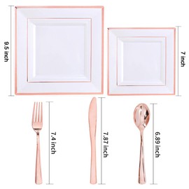 WDF 125pcs Rose Gold Plates with Disposable Silverware - Plastic Plates Dinnerware Include 25Dinner Plates,25 Salad Plates,25 Forks,25 Knives,25 Spoons for Wedding, Party