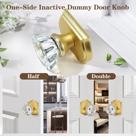 CLCTK 4 Pack Crystal Glass Dummy Door Knob, Single Side Dummy Door Knob Set for Interior Doors, Satin Brass