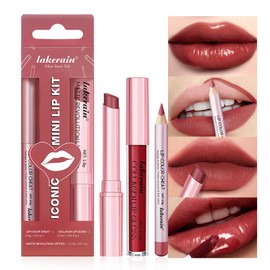 3PCS Lip Liner and Lipstick Combo Set - Matte Lip Liner Pencil, Velvet Matte Lipstick & Hydrating Collagen Lip Gloss - Long-Lasting, Smudge-Proof, High Pigment Nude Brown Lip Makeup Kit (Set 2, 3)