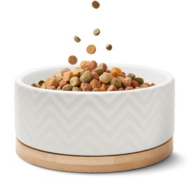 FREUDENTIER Ceramic Dog Bowl with Bamboo Base - 990 ml - Non-Slip & Dishwasher Safe - Modern Feeding Bowl for Large Dogs and Small Dogs (White, 1x)