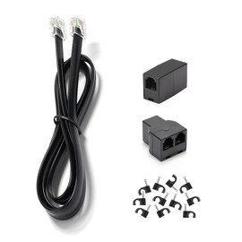 Long Telephone Extension Cord 6 FT, Black, Phone Cable Line Wire with Standard RJ11 Plug, 1 Phone Line Splitter, 1 in-line Coupler and 10 Cable Clips, Compatible for RJ11 Device of Telephone Calling