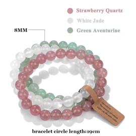 WEIZAIJY 3 PCS Healing Crystal Bracelets for Women 8mm Natural Stone Beaded Stretch Bracelet Amethyst Jewelry Gifts (Strawberry Quartz&White Jade&Green Aventurine)
