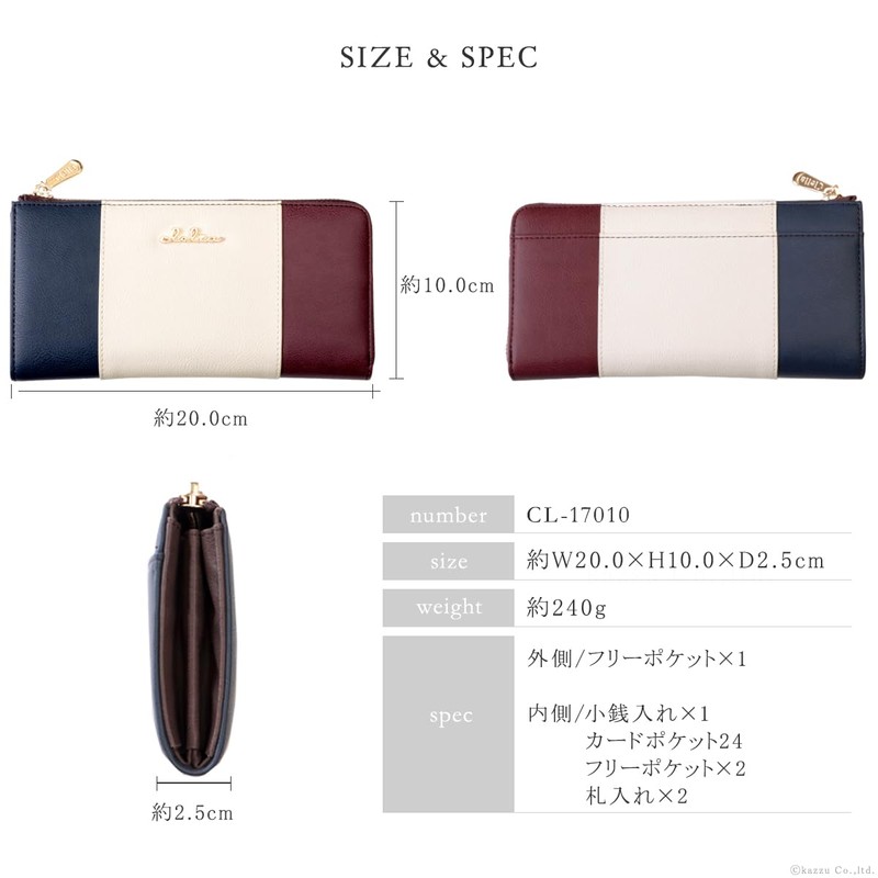 Cleria CL-17010 Women's Long Wallet, Thin Pocket, L-Shaped Zipper, Tricolor