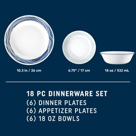 Corelle Vitrelle 18-Piece Service for 6 Dinnerware Set, Triple Layer Glass and Chip Resistant, Lightweight Round Plates and Bowls Set, Acadia