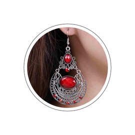 Aneneiceera Vintage Red Gemstone Earrings Oval Filigree Dangle Earrings Retro Tribal Earrings Drop Red Gemstone Earrings Jewellery for Women and Girls (Red), Zinc