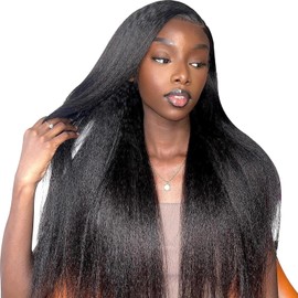 Kinky Straight V Part Wigs Human Hair for Black Women No Leave Out Glueless Upgrade U Part Wig Machine Made Clips in Ready to Go Yaki Straight V Part Wig（30in）