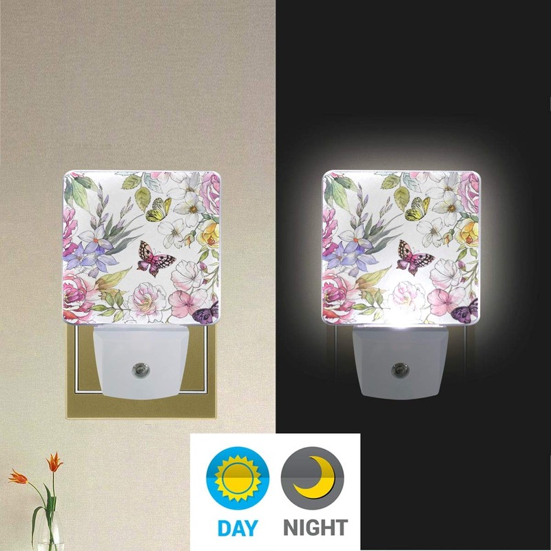 2 Pack Plug-in LED Night Light Lamp Watercolor Flowers and