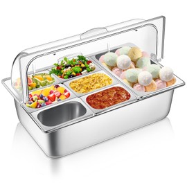 Ziliny Ice Food Serving Display Container 7 Pans Cooled Condiment Dispenser and Clear Roll Top Cover Stainless Steel Buffet Serving Tray Salad Bar Cooler Spice Food Display Rack for Buffet
