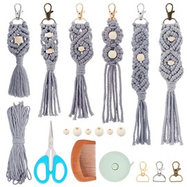 INFUNLY Set of 6 DIY Macrame Key Chain Set in Light Grey Wooden Beads Key Chain Set with Instructions and Video Tutorial Keyring Set Cotton Cord Boho Style Keyring Set