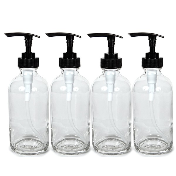 Vivaplex, 4, Large, 8 oz, Empty, Clear Glass Bottles with Black Lotion Pumps