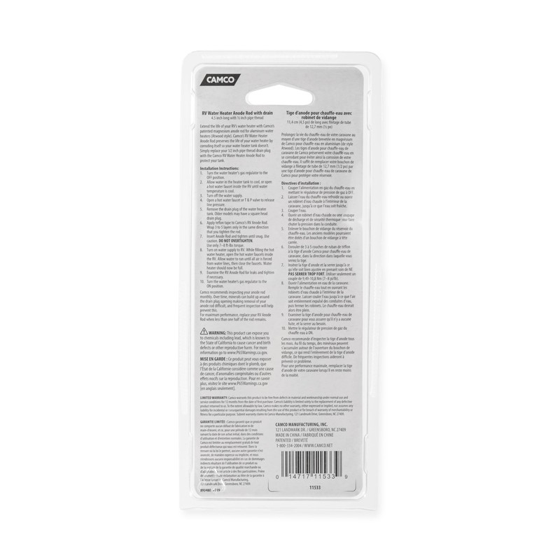 Camco RV Water Heater Anode Rod - Compatible with Atwood-Style