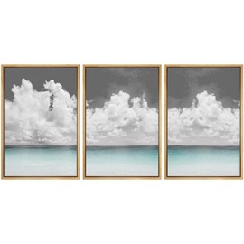 SIGNWIN 3 Piece Framed Canvas Wall Art Clouds Above The Blue Ocean Nature Wilderness Illustrations Abstract Traditional Relax/Calm Home Artwork Decoration for Living Room,Bedroom - 16"x24"x3 Natural