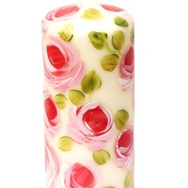 Decorated Hand Painted Pink Rose Unscented Dripless Large 7 Inch Tall Ivory Pillar Candle Romantic Shabby Chic Home Decor