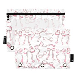 KICPOAY Pencil Pouch for 3 Ring Binder Pink Ribbon Bows Love 2 Pack Clear Window Pencil Bags with Zipper Pencil Case
