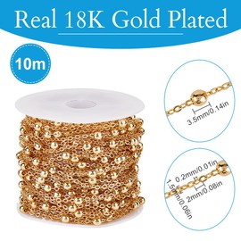 SUNNYCLUE 33 Feet/10M Real 18K Gold Plated Brass Satellite Chains Ball Beads Chain Bulk Metal Pull Extension Connectors Round Balls Chains Roll with Plastic Spool for Jewellery Making Necklace Craft