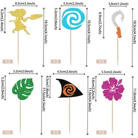 ZHUOWEISM 30 PCS Moana Inspired Cupcake Toppers Glitter Moana Cupcake Picks Tropical Hawaiian Luau Birthday Party Decoration for Tropical Luau Summer Party Baby Shower Wedding Birthday Party Supplies