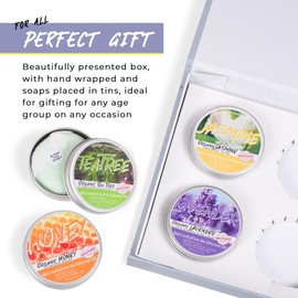 No2Plastic Four Shampoo Bars In Tins Gift Set. 100% Natural Ingredients, hand pressed and hand wrapped into Tins. Zero waste, zero plastic. Honey, Tea Tree, Jasmine and Lavander