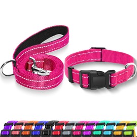 Maiiu Reflective Dog Collar with Safety Locking Buckle, Adjustable Soft Breathable Nylon Collars for Small, Medium and Large Dogs(Collar+Leash L Hotpink)