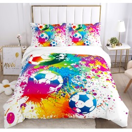 PQCXXA Football Duvet Cover 3 Piece Boys football Bedding Set with 2 Pillowcases 50x75 cm for Kids Children Teenagers (White, Single)