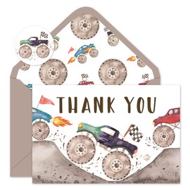 JarThenaAMCS 24 Pack Monster Jam Thank You Cards Racing Car Greeting Cards With Envelopes Stickers Colorful Truck Blank Note Cards for Baby Shower Birthday Party