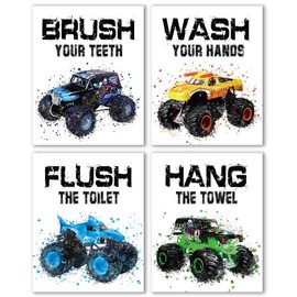 IIILUYOT Bathroom Wall Decor Funny Watercolor Racing Car, Brush Flush Wipe Wash Baby Boy Nursery Bathroom Wall Art Prints Decorations for Kids Nursery Boy Girl Son, Set of 4(8" x 10") Unframed