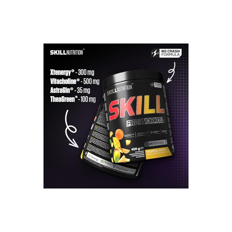 Skill Nutrition Pre-Workout Tropical Punch - No-Crash Formula with Extended-Release