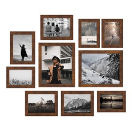 iRahmen Collage Picture Frames Set of 10, Wall Decor for Mounting or Tabletop Display, Family Photo Gallery Frame Set - Multi Sizes Including Two 8x10, Four 5x7, Four 4x6, HD Glass, Rustic Wood, Dark Brown