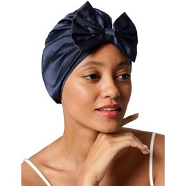 LilySilk Women 100% Mulberry Silk 19 Momme Vintage Sleep Cap with Bow Front Adjustable Size French Style Sleep Cap Cute Hair Care Silk Cap, dark blue