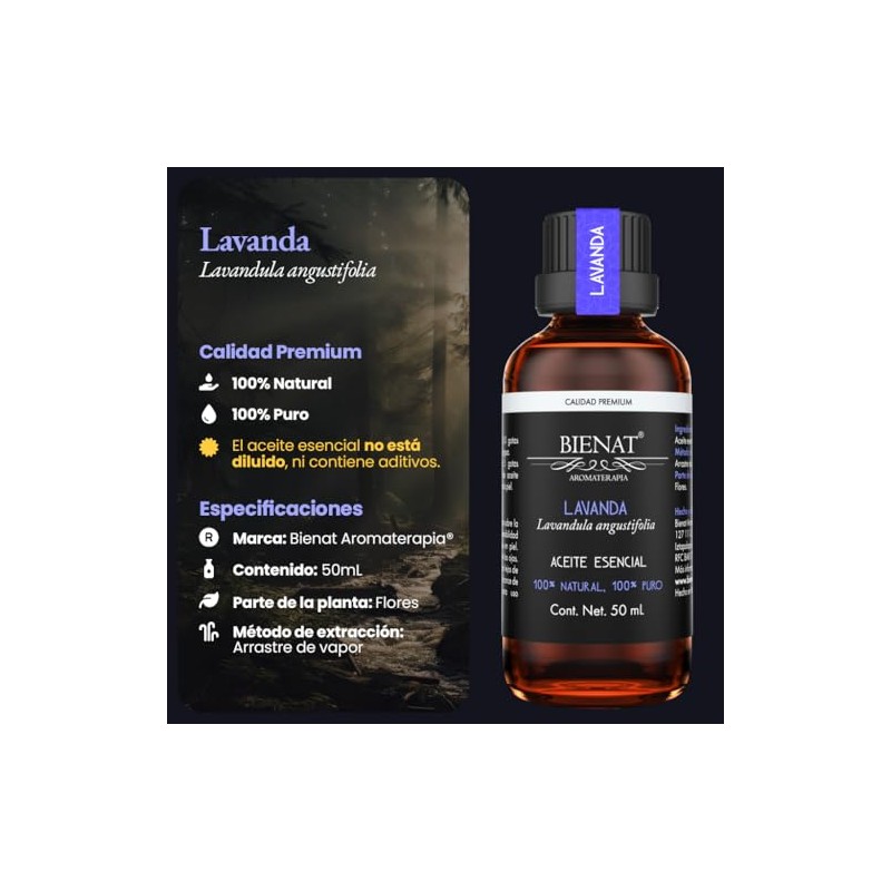 Bienat | Aceite Esencial de Lavanda 50mL Natural | Difusor
