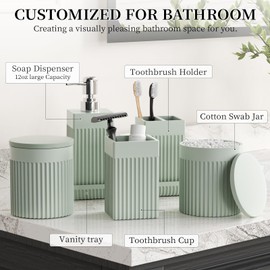 InnJoey Bathroom Accessories Set, 6-Piece Resin Green Bathroom Set with Toothbrush Holders, Soap Dispenser, Vanity Tray, Tumbler, Cotton Swab Jars, Modern Bathroom Organizer for Small Spaces