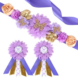 JOYMEMO Purple Butterfly Baby Shower Maternity Sash Kit - Purple Butterfly Baby Shower Belly Belt and Mom to Be & Dad to Be Corsage Pins, Pregnancy Sash New Parents Photo Props Party Supplies