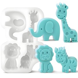 Moldes de silicona de animales, molde de silicona de 4 cavidades con forma de elefante, jirafa, león y tigre para hacer jabón, cuentas aromáticas, ambientador para coche, molde de cera para velas