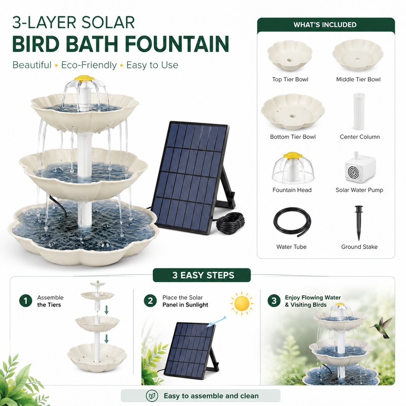 Solar Bird Bath Fountain for Outdoor Décor – 3-Tier Plastic