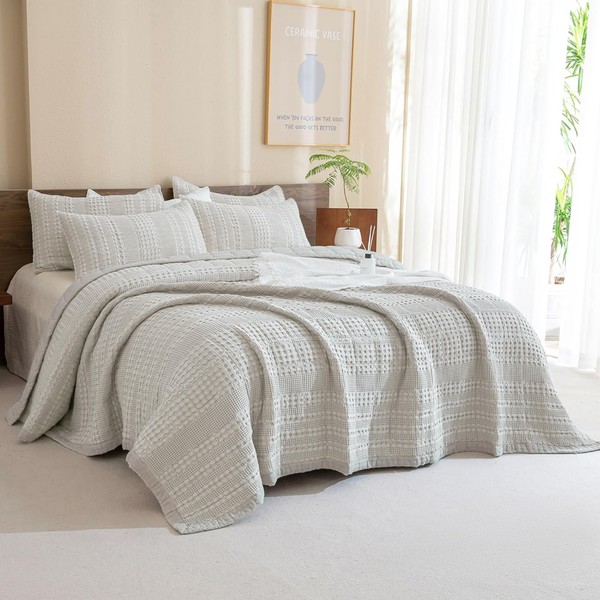 CozyTide Waffle Quilt Set King Size (110x98 Inch),100% Cotton Khaki