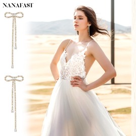 Nanafast Bow Rhinestone Earrings Long Dangle Drop Chandelier Tassel Bow Earrings for Women Wedding Bridal Earrings Party Prom Earrings for Birthday Mother’s Day Christmas-Gold 4.33"