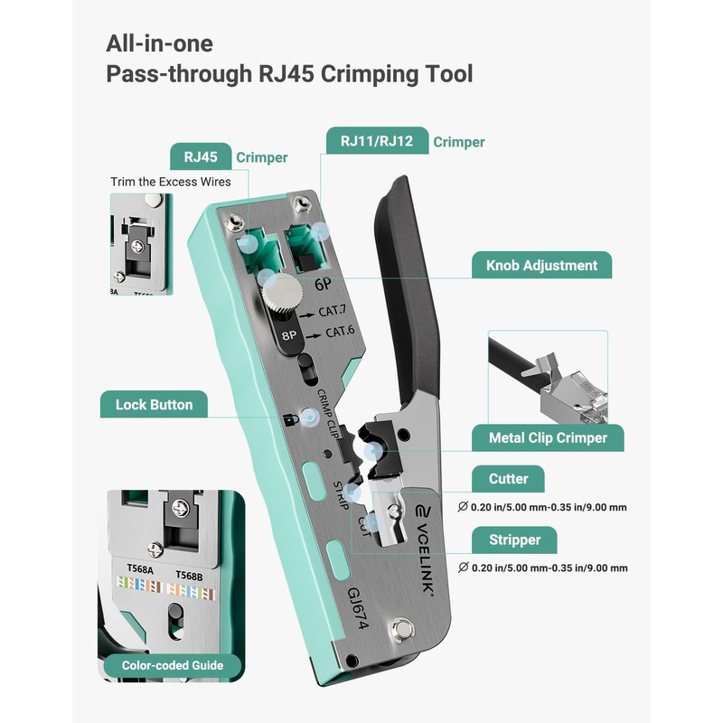 VCELINK Upgraded Stainless Pass Through RJ45 Crimp Tool with A