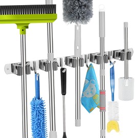 voze Soporte para escoba y fregona montado en la pared con 5 estantes y 4 ganchos, organizador autoadhesivo resistente para colgar escobas, organizador de herramientas para cocina, jardín, lavandería