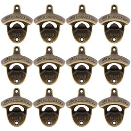 Luwanburg 12 PCS Bottle Opener Wall Mount Bulk, Vintage Cheers Beer Cap Opener Mountable Stainless for Wood DIY (Antique Bronze)