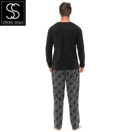 2 Piece Luxury Mens Full Length Warm Winter Set Thermal Jersey Top Flannel Pants Pajamas, Deer