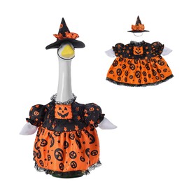 Halloween Porch Goose Outfits for 23 Inch Porch Goose Statue, Pumpkin Print Lace Dress with Witch Hat, Fall Lawn Goose Outfit Front Door Holiday Decor