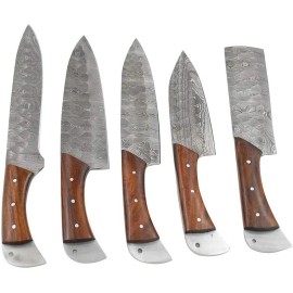 Wild Turkey Handmade Damascus 5pc Kitchen Chef Knife Gaming Set Full Tang Blades