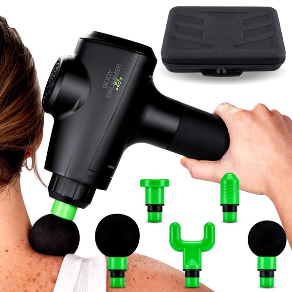 Percussion Massage Gun for Deep Muscle Relaxation by Body Drummer Pro-X - Whisper Quiet - Deep Tissue Pain Relief with 6 Massage Heads 20 Speed High-Vibration Rechargeable Battery