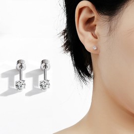 20g 6mm Simple Round CZ Cartilage Earring Stud for Women Men S925 Sterling Silver Cubic Zirconia Dainty Small Screw Flat Back Hypoallergenic Internally Threaded Helix Tragus Labret Nose Earrings