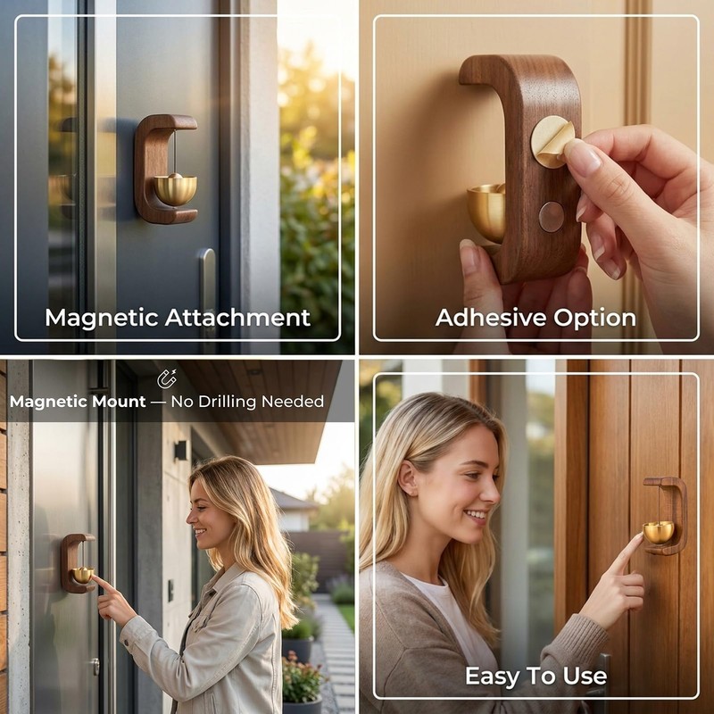 1 Pack Magnetic Brass Doorbell, Clear Sound Door Chime, Hands-Free