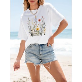 LUXVEER Oversized Graphic T Shirts for Women Short Sleeve Crewneck Summer Tops Casual Loose Basic Floral Boho Wildflower Vintage Cottagecore Shirts