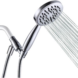 All Metal Hand Held Shower Head with Hose and Holder, Made with Stainless Steel and Brass, High Pressure Handheld Showerhead, Adjustable Bracket, Extra Long Flexible Hose (Polished Chrome)