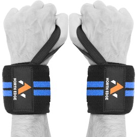 NORTH EDGE Wrist Wraps For Support, Elasticated Pro Cotton Straps, Thumb Loop, Powerlifting Bodybuilding Fitness Strength Gym Training WOD Workout, Gymnastics Calisthenics (Black with Blue Straps)