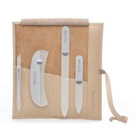 GERMANIKURE Crystal Glass Nail File Set in Beige Leather Case – Handmade in Czech Republic – Professional Manicure & Pedicure Supplies – Glass Cuticle Stick, Pusher, Moon File