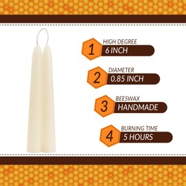 6 inch Short Natural White Beeswax Candles Set of 12, Smokeless Dripless Pure Organic Beeswax Taper Candles for Dinner Decoration Ritual Emergency (Cream)