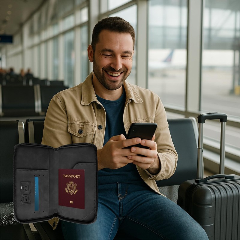Bojueshaw RFID-Blocking Passport Holder,Slim Leather Travel Wallet,Travel Document Holder for
